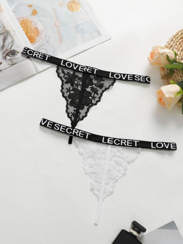 Women's 2pcs Letter Tape Contrast Lace Sexy Knicker, Soft Breathable Comfortable Low Waist Panty for Daily Wear, Women's Underwear for All Seasons