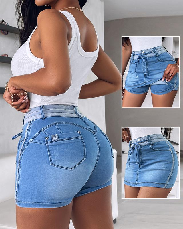 ChicMe Skort for Women Drawstring Adjustable Waist Casual Denim Skirt Skort Jean Mini Skirt Comfort Fit