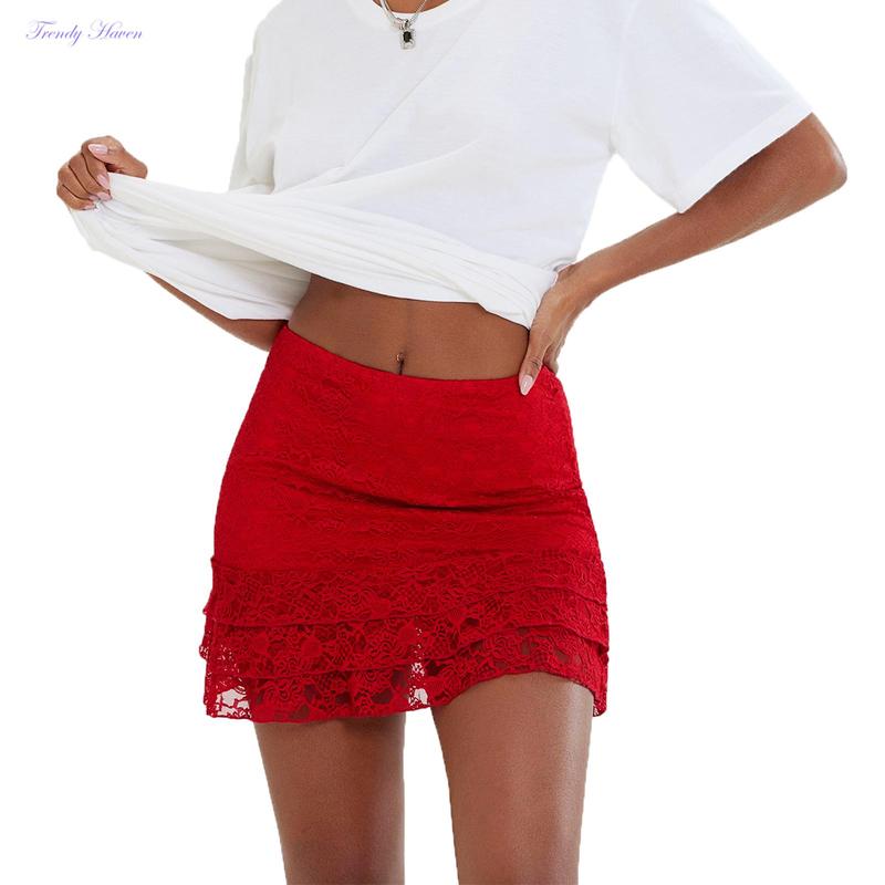 Women's Fashion Mini Skirts Lace Ruffles Skirts Summer Fashion Casual Skirts Streetwear Square Neck