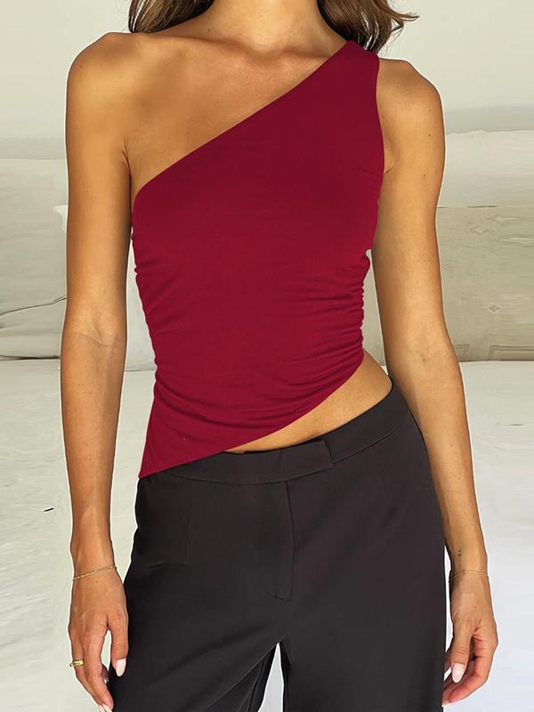 Women's Plain Asymmetrical One Shoulder Crop Top, Elegant Tie Backless Ruched Tank Top, Fashion Women's Summer Clothes for Daily Wear