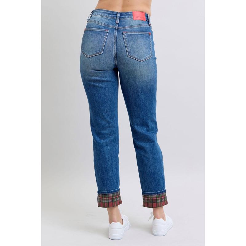 Judy Blue Full Size Plaid Print Cuff Straight Leg Jeans with Pockets trendy jean