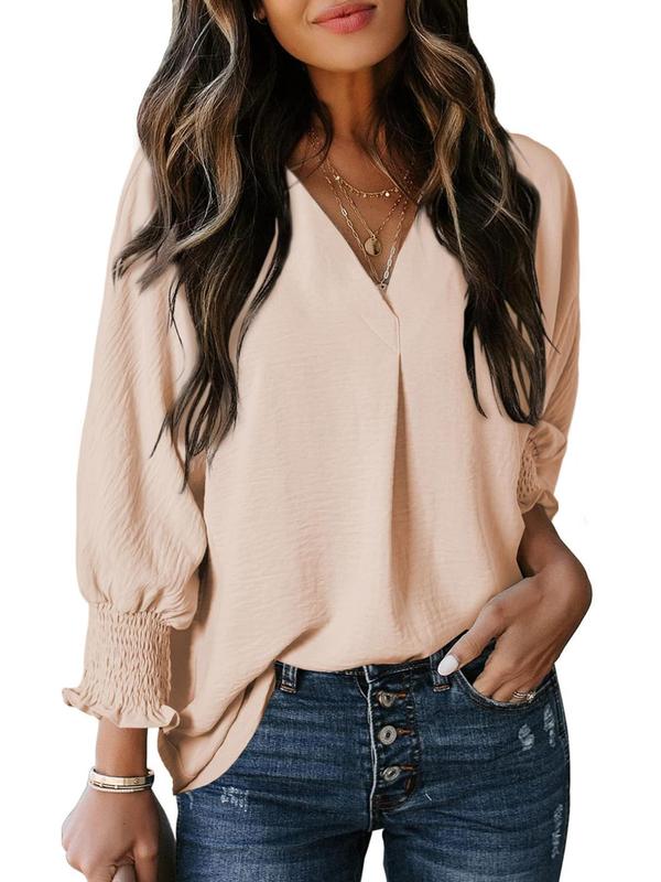 Women's Plain Shirred Flounce Sleeve Chiffon Blouse, Elegant V Neck 3 4 Sleeve Top for Spring & Fall, Women's Clothing for Daily Wear