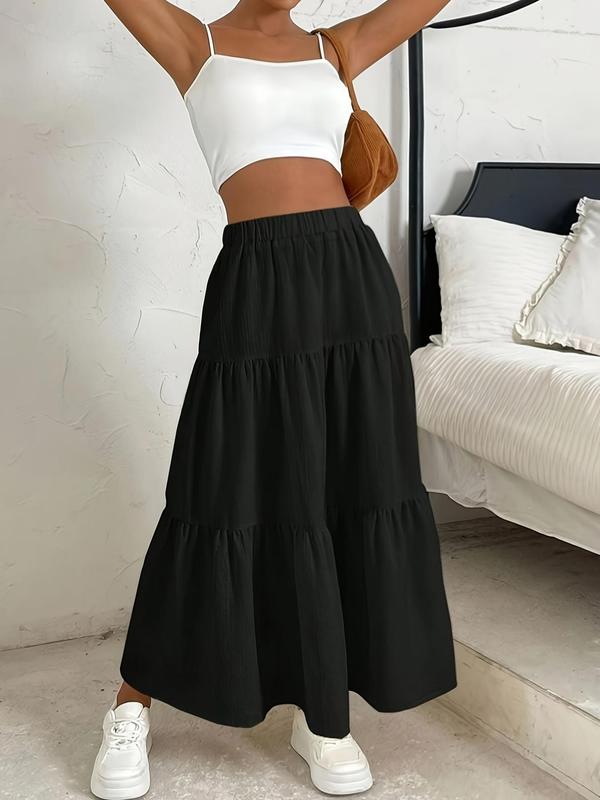 Women's Plain Ruffle Hem Flared Skirt, Casual High Waist Long Skirt, Fall Clothes, Summer Skirts for Women, Skirts for Summer, Ladies Bottoms for Daily Wear, Downtown Girl Clothes, Preppy 80s Clothes