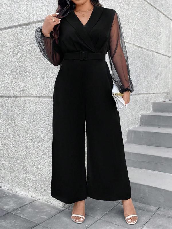  Solid Wrap Sheer Belted Wide Leg Jumpsuit, Elegant Bishop Sleeve Shawl Collar Jumpsuit for Party Holiday, Women's Clothes for Fall & Winter