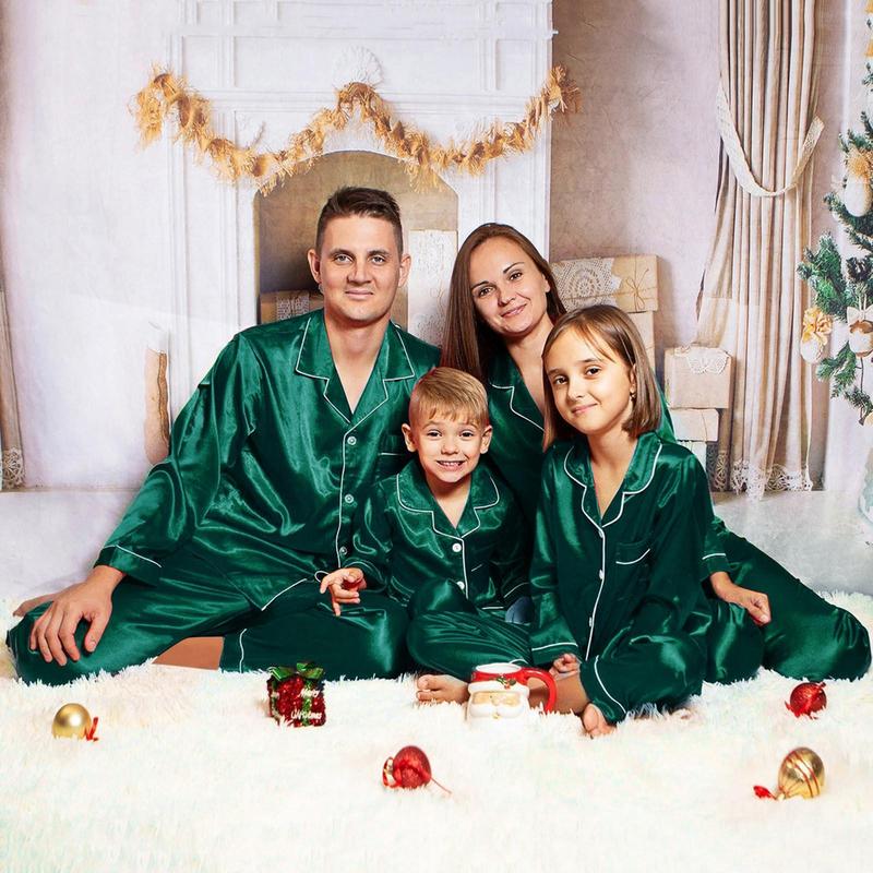 2PCS Christmas Satin Pajamas PJ's Solid Family Matching Xmas Winter Long Sleeve Sleepwear Pants Set For Kid Boys Girls Woman Man