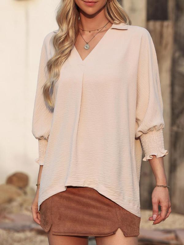 Women's Plain Shirred Flounce Sleeve Chiffon Blouse, Elegant V Neck 3 4 Sleeve Top for Spring & Fall, Women's Clothing for Daily Wear