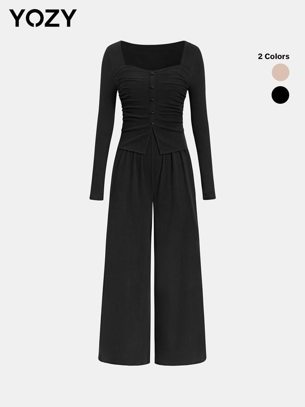 Christmas Deals, YOZY Women's Plain Ruched Button Front Sweetheart Neck Jumpsuit, Casual Long Sleeve Wide Leg Jumpsuit for Fall & Winter, Women's Clothes for Daily Wear, Christmas 2024 Trend, Christmas Clothes, Fall&Winter Clothes, Christmas Gift Ideas