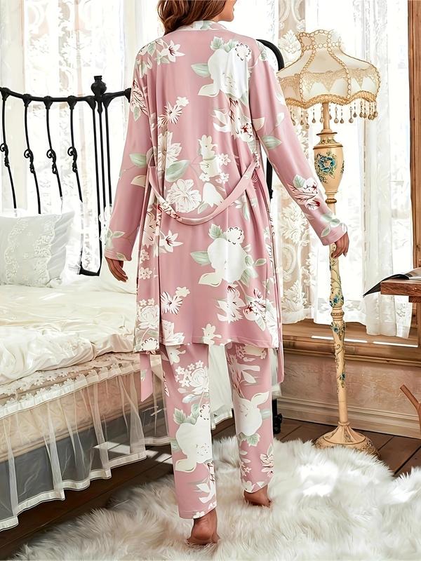 Three-Piece Set Women's Floral Print Belted Lounge Robe & Cami Top & Elastic Waist Pants Pyjama Set, Casual Comfy Lounge Set for Women, Women's Sleepwear for All Seasons