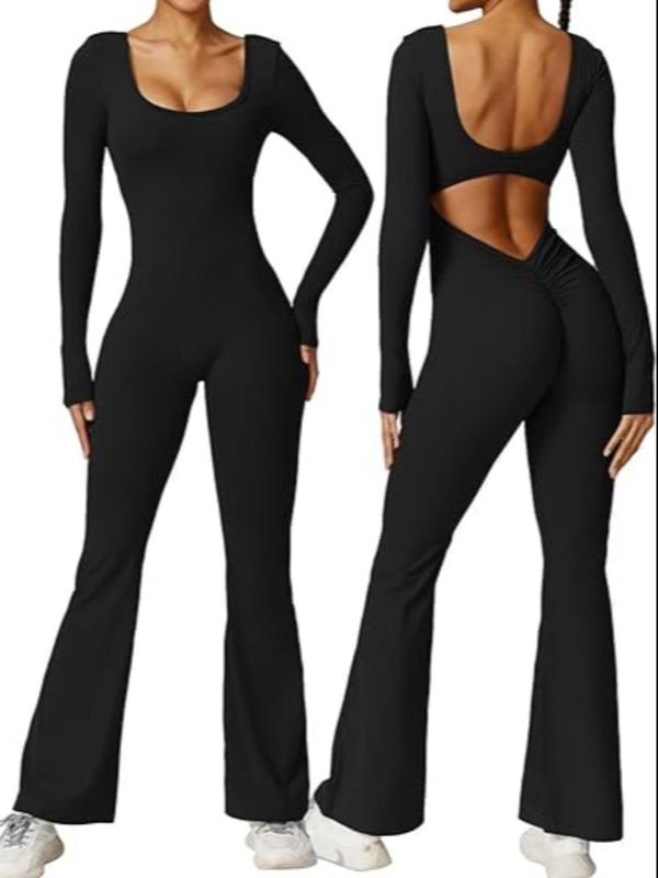 Women's Solid Cut Out Backless Ruched Flare Leg Sports Jumpsuit, Casual Comfy Scoop Neck Long Sleeve Jumpsuit for Yoga Gym Workout, Ladies Sportswear for All Seasons