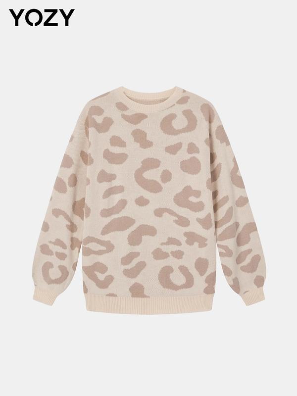 Christmas Deals, YOZY Women's Leopard Print Drop Shoulder Sweater, Casual Long Sleeve Round Neck Jumper for Fall & Winter, Fashion Ladies' Knitwear for Daily Wear, Christmas 2024 Trend, Christmas Clothes, Fall&Winter Clothes, Christmas Gift Ideas