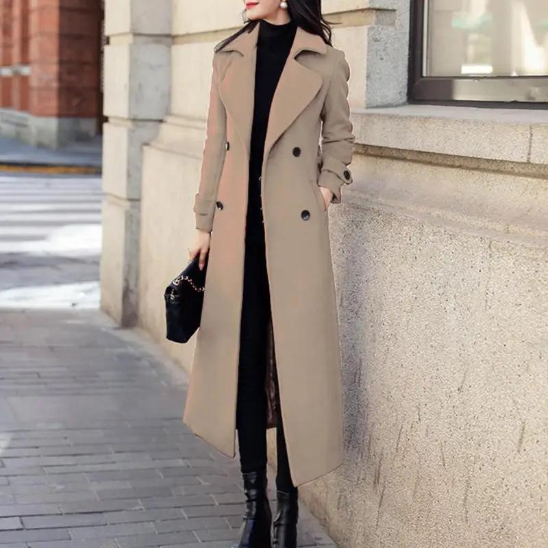 Winter Overcoat Elegant Double-breasted Waist Belt Long Woolen Jacket Fashion Thermal Thick Women Trench Coat Winter Wool Coat