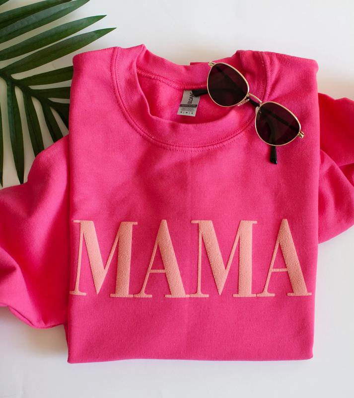 Mama sweatshirt, mom gift, pink mama sweatshirt, girl mom sweatshirt, puff print, pink on pink Fit Womenswear Comfy