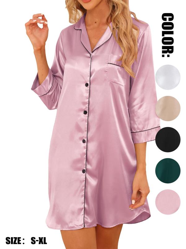 Women's Contrast Binding Lapel Satin Nightdress, Elegant Pocket Button Front Nightgown for All Seasons, Fashion Ladies' Sleepwear for Daily Wear