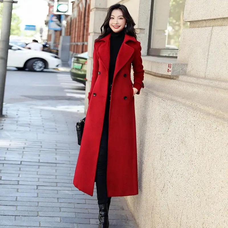 Winter Overcoat Elegant Double-breasted Waist Belt Long Woolen Jacket Fashion Thermal Thick Women Trench Coat Winter Wool Coat