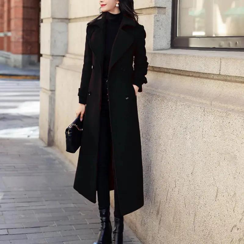 Winter Overcoat Elegant Double-breasted Waist Belt Long Woolen Jacket Fashion Thermal Thick Women Trench Coat Winter Wool Coat