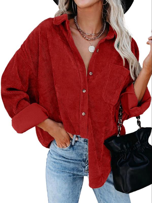 Women's Plain Pocket Button Front Corduroy Shirt, Fall Clothes, Casual Drop Shoulder Long Sleeve Blouse Top for Fall, Ladies Clothes for Daily Wear, Downtown Girl Clothes, Preppy 80s Clothes