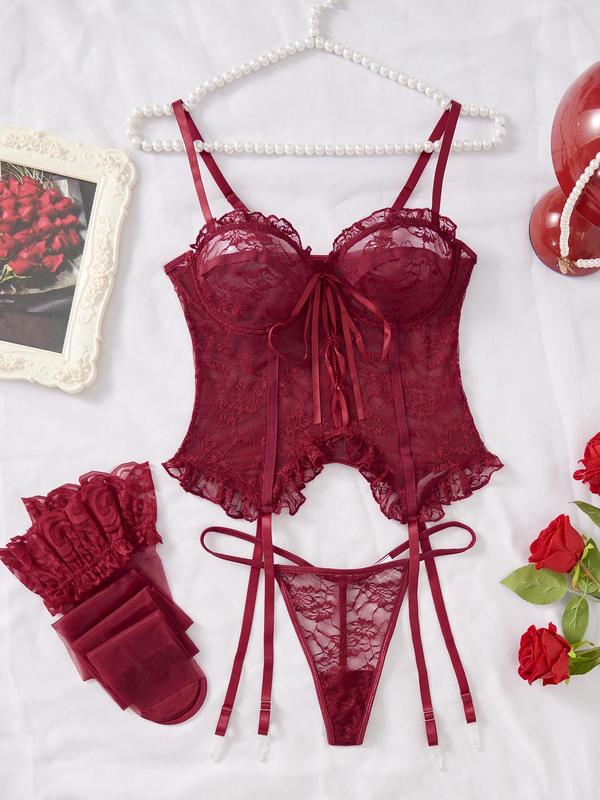 Women's 3pcs Adjustable Strap Backless Lace Lingerie Set, Tie Front Cami Top & Sheer Thong & Ruffle Stockings Set, Lingerie for Women, Underwear for Women, Back To School Wear, Women's Lingerie & Underwear for Summer, Underwear Sets for Women