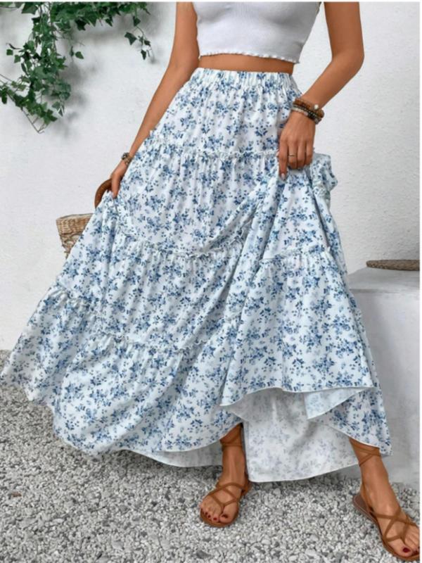 Women's Ditsy Floral Print Frill Trim Ruffle Hem Tiered Layer A Line Skirt, Boho Fashion Elastic Waist Long Skirt for Beach Holiday Vacation, Ladies Bottoms for All Seasons