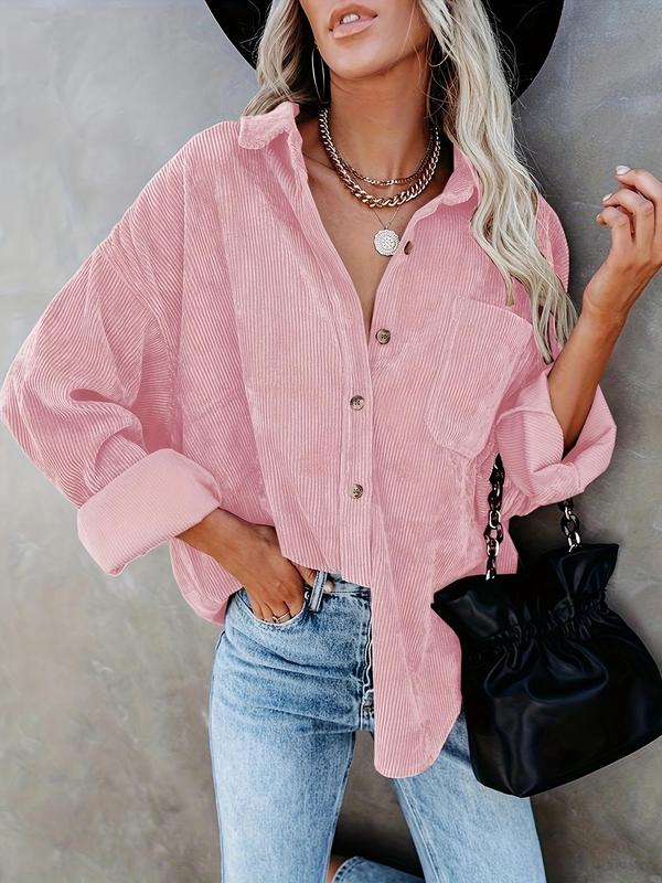 Women's Plain Pocket Button Front Corduroy Shirt, Fall Clothes, Casual Drop Shoulder Long Sleeve Blouse Top for Fall, Ladies Clothes for Daily Wear, Downtown Girl Clothes, Preppy 80s Clothes