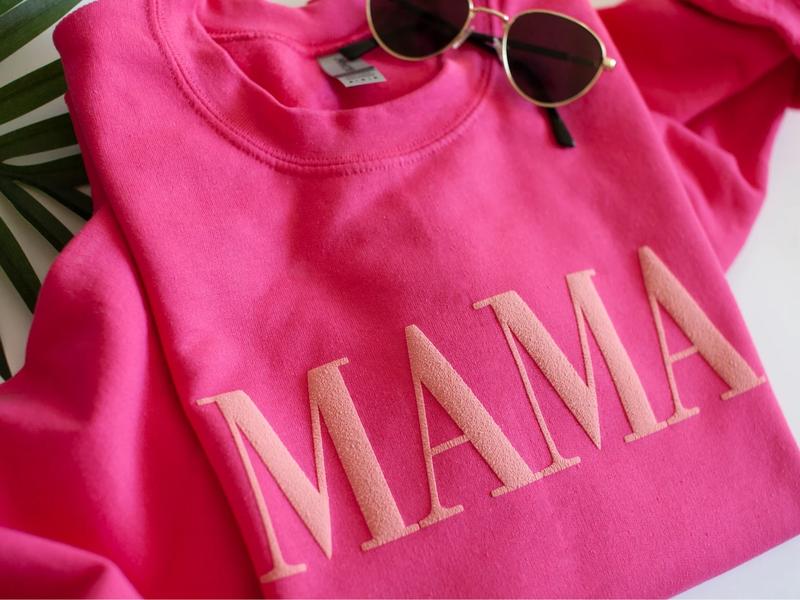 Mama sweatshirt, mom gift, pink mama sweatshirt, girl mom sweatshirt, puff print, pink on pink Fit Womenswear Comfy