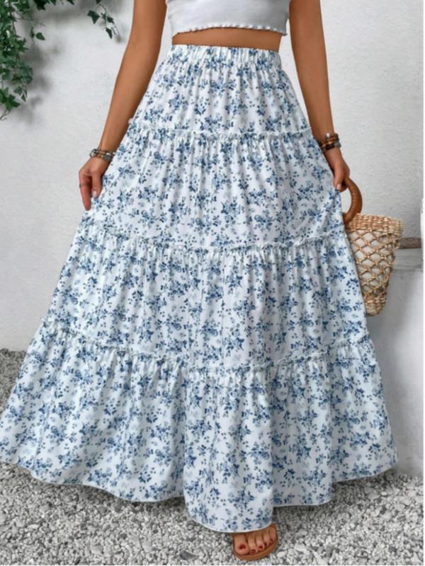 Women's Ditsy Floral Print Frill Trim Ruffle Hem Tiered Layer A Line Skirt, Boho Fashion Elastic Waist Long Skirt for Beach Holiday Vacation, Ladies Bottoms for All Seasons