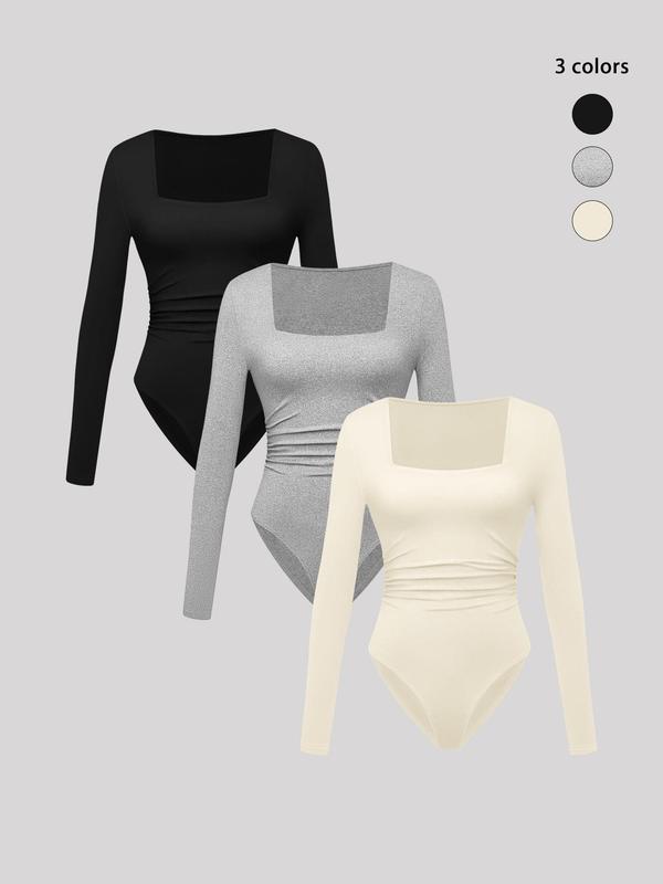 Women's Solid Ruched Square Neck Long Sleeve Bodysuit, Casual Comfy Bodysuit for Daily Wear, Ladies Clothes for All Seasons