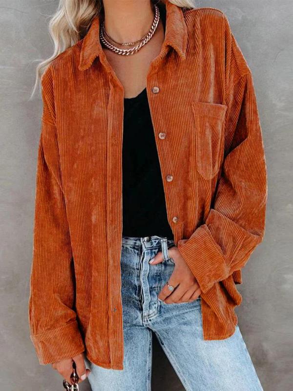 Women's Plain Pocket Button Front Corduroy Shirt, Fall Clothes, Casual Drop Shoulder Long Sleeve Blouse Top for Fall, Ladies Clothes for Daily Wear, Downtown Girl Clothes, Preppy 80s Clothes