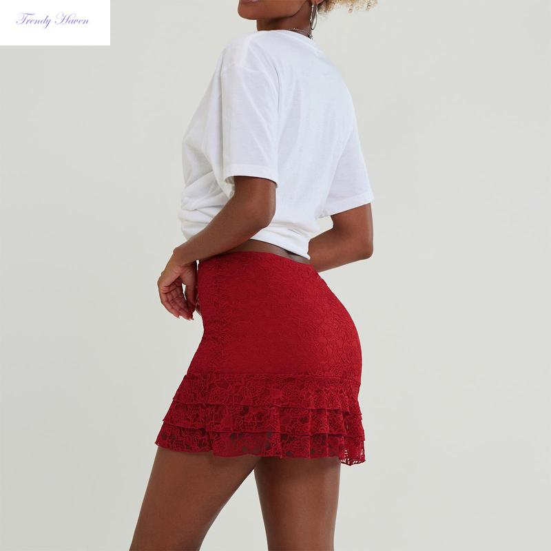 Women's Fashion Mini Skirts Lace Ruffles Skirts Summer Fashion Casual Skirts Streetwear Square Neck