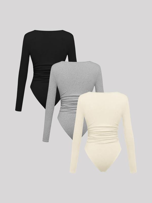 Women's Solid Ruched Square Neck Long Sleeve Bodysuit, Casual Comfy Bodysuit for Daily Wear, Ladies Clothes for All Seasons