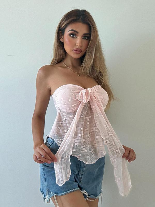 Women's Floral Jacquard Knot Front Tube Top, Casual Asymmetrical Hem Sheer Top, Women's Clothing for Summer Daily Wear