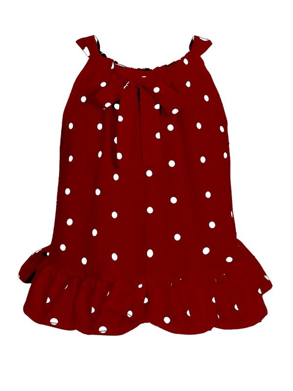 Plus Size Polka Dot Print Bow Back Ruffle Hem Halter Neck Top, Casual Fashion Sleeveless Top for Summer, Women's Plus Size Clothing for Daily Wear