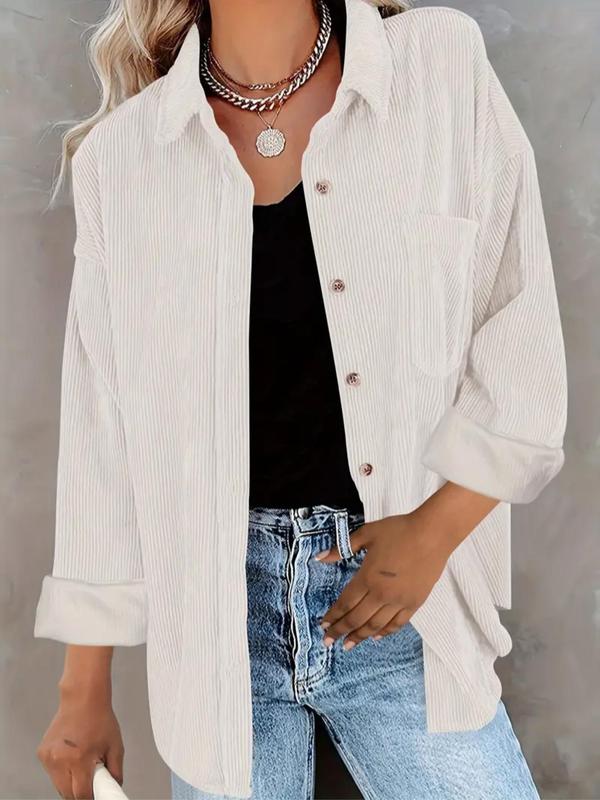 Women's Plain Pocket Button Front Corduroy Shirt, Fall Clothes, Casual Drop Shoulder Long Sleeve Blouse Top for Fall, Ladies Clothes for Daily Wear, Downtown Girl Clothes, Preppy 80s Clothes