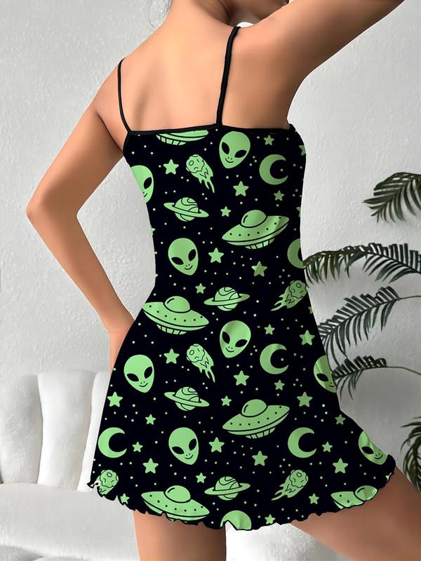 Women's All Over Alien Print Backless Lettuce Trim Cami Nightdress, Elegant Spaghetti Strap Nightgown, Soft Comfy Sleepwear for Women