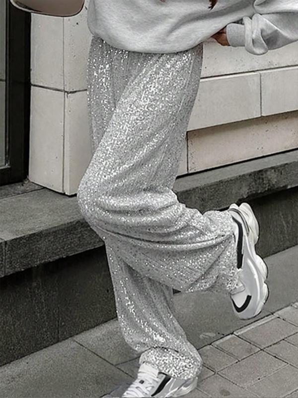 Women's Glitter Sequin Jogger Pants, Casual Comfy Trousers for Daily Wear, Ladies Bottoms for Fall & Winter