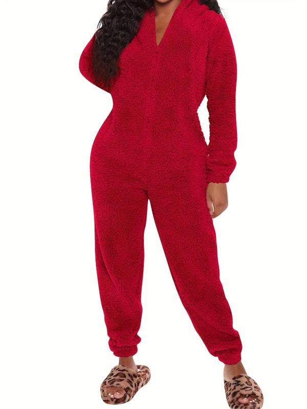 Women's Solid Zip Up Hooded Plush Jumpsuit, Casual Long Sleeve Fuzzy Jumpsuit for Fall & Winter, Women's Sleepwear for Indoor Wear, Fall Clothing