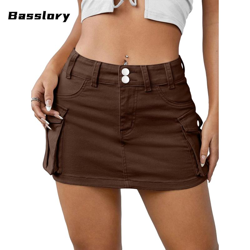 Women Mini Skirt Vintage Low Waist Cargo Skirt Summer Slim Fit Solid Color Skirt with Pockets for Club slim fit