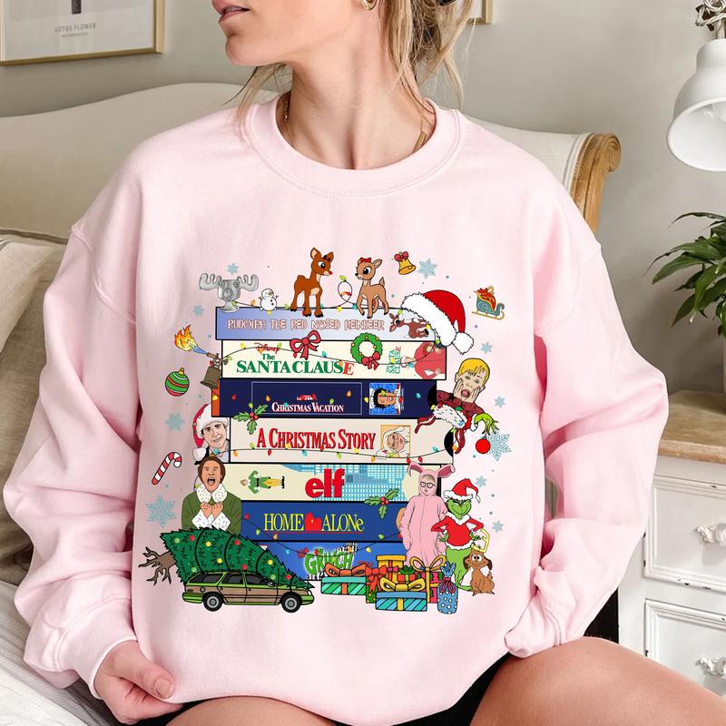 Christmas Movie Sweatshirt, Famous Christmas Movies Sweatshirt, Famous Movies Custom Sweatshirt, Home Alone, The Santa Clause Fabric Womenswear