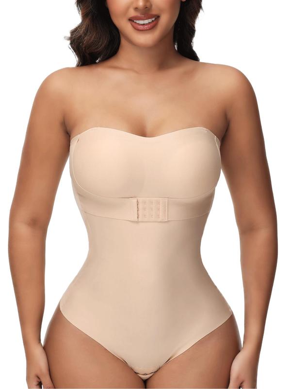 Women's Solid Backless Strapless Hook & Eye Closure Shapewear Bodysuit, High Stretch Tummy Control Shaper, Ladies Shapewear for Daily Wear