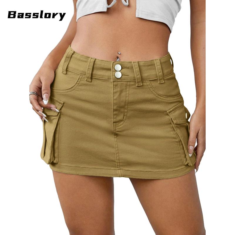 Women Mini Skirt Vintage Low Waist Cargo Skirt Summer Slim Fit Solid Color Skirt with Pockets for Club slim fit