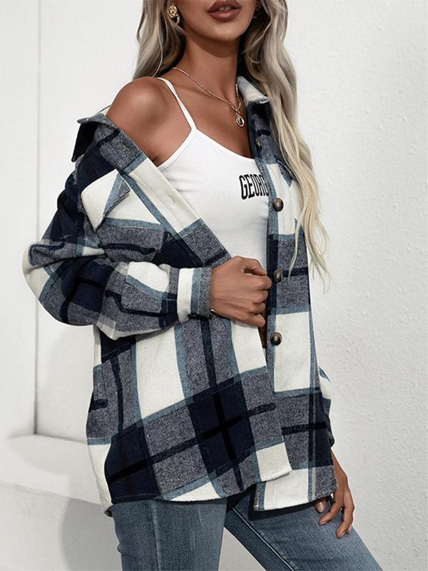 Women's Chic Plaid Print Button Front Pocket Longsleeves Collared Fitted Jacket, Trendy Coats, Womenswear Coats, Winter Clothes Women, Fall Clothes, Lady Comfort Collar Neck Outerwear, Downtown Girl Clothes