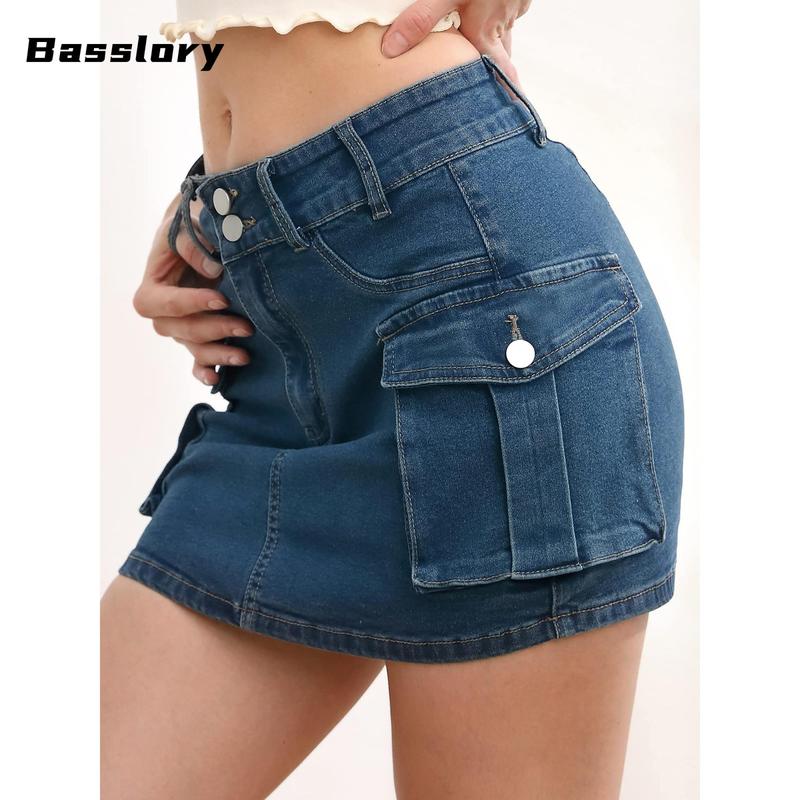 Women Mini Skirt Vintage Low Waist Cargo Skirt Summer Slim Fit Solid Color Skirt with Pockets for Club slim fit