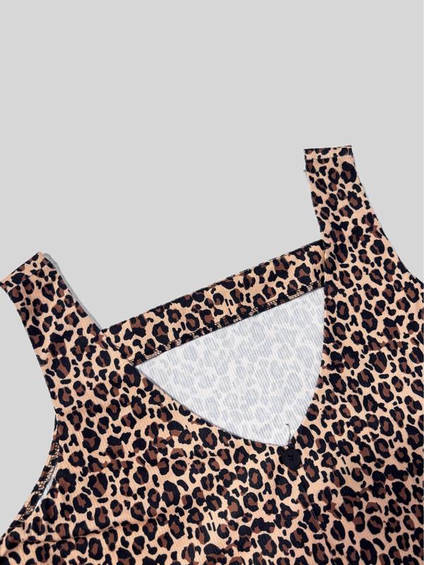  Leopard Print Button Tank Dress without Inner Top, Casual Sleeveless V Neck Dress for Fall & Winter, Women's Clothes for Daily Wear