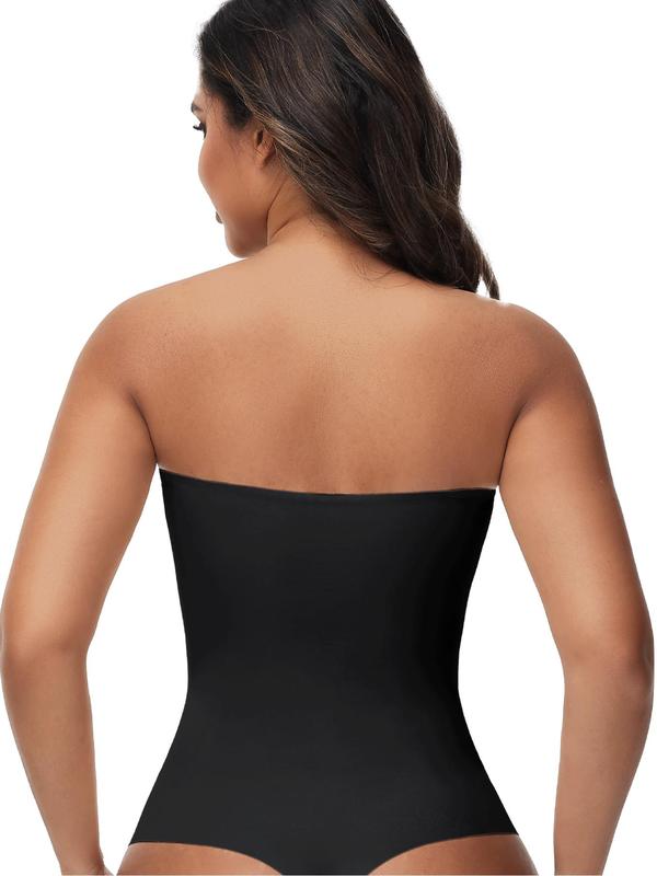 Women's Solid Backless Strapless Hook & Eye Closure Shapewear Bodysuit, High Stretch Tummy Control Shaper, Ladies Shapewear for Daily Wear