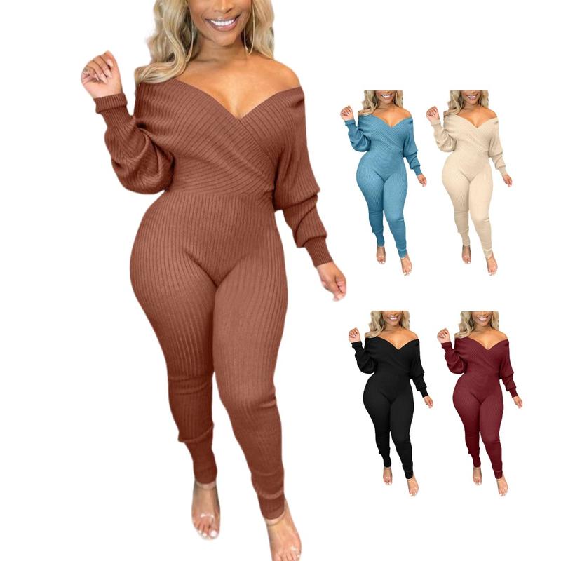 Echoine V Neck Ribbed One Piece Jumpsuit for Women-Plain Long Sleeve Off Shoulder Bodycon Long Romper Fabric Fit Womenswear Check Overalls Comfort Evening Basic