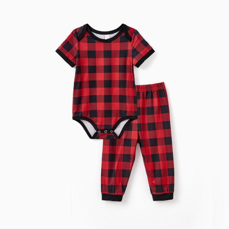 PatPat Christmas Pajamas Short Sleeves Red & Black Plaid Collared Pajamas Sets