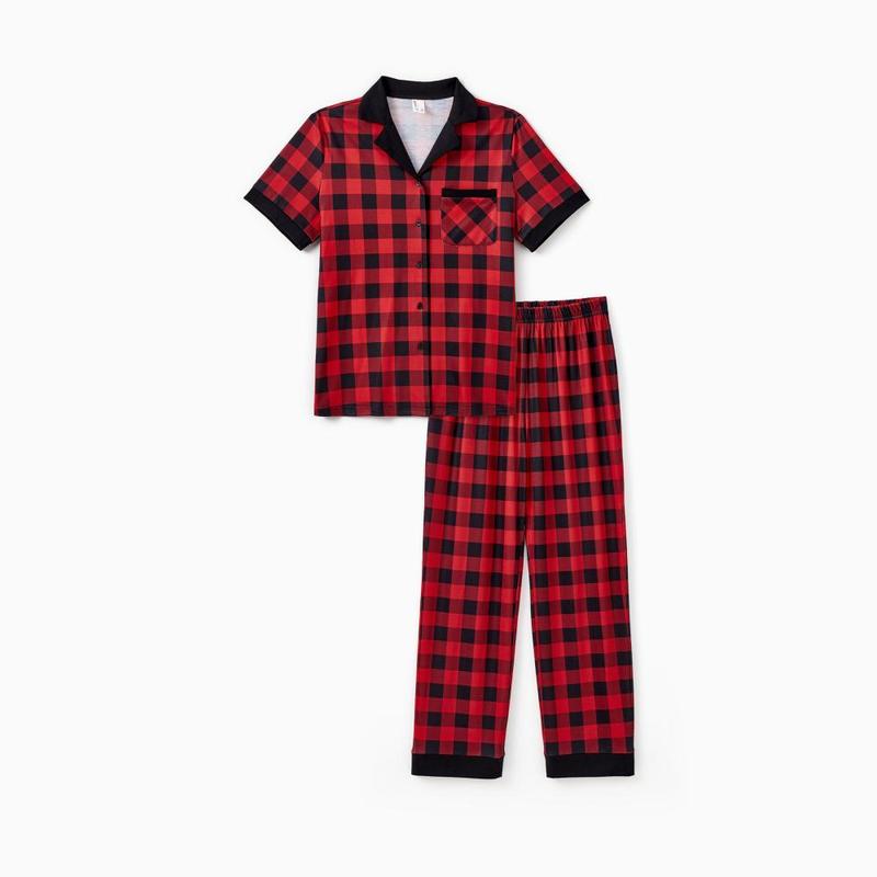 PatPat Christmas Pajamas Short Sleeves Red & Black Plaid Collared Pajamas Sets