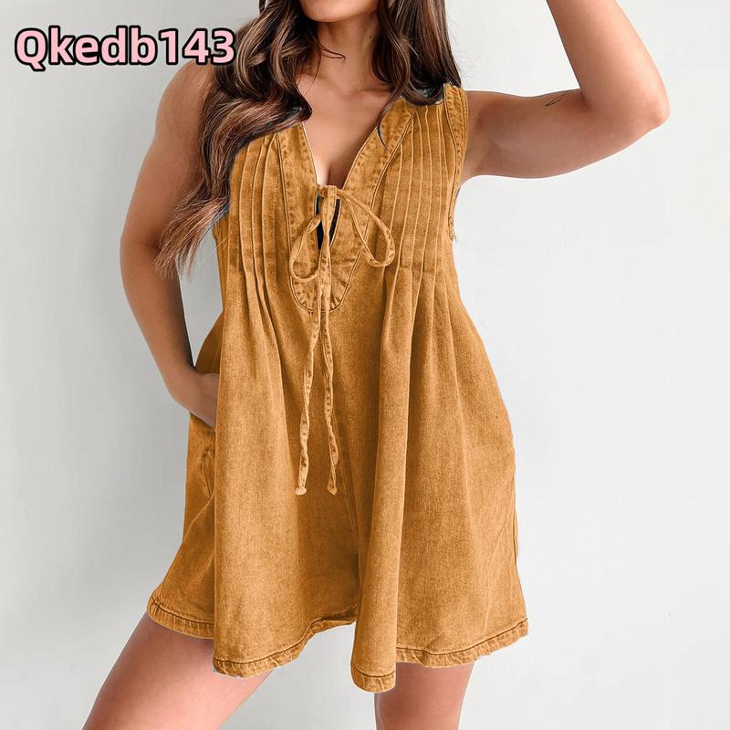 Women's Sleeveless V Neck Shorts Denim Romper Tie Front Ruffle Jean Short Overall With Pocket Jean Romper for Women Sleeveless Front Tie Denim Romper Overall Shorts