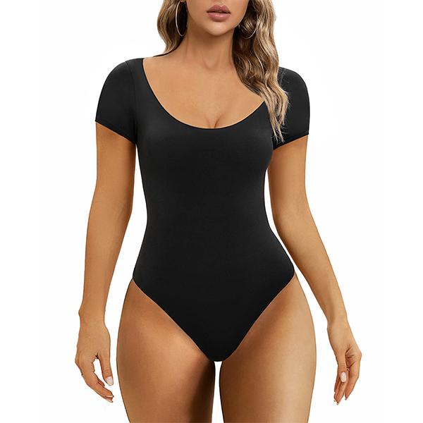 SHAPERX Short Sleeve Crew Neck Women Tops Bodysuit  Scoop Neck Thong Body Suits Basic Comfortable Womenswear No Compression