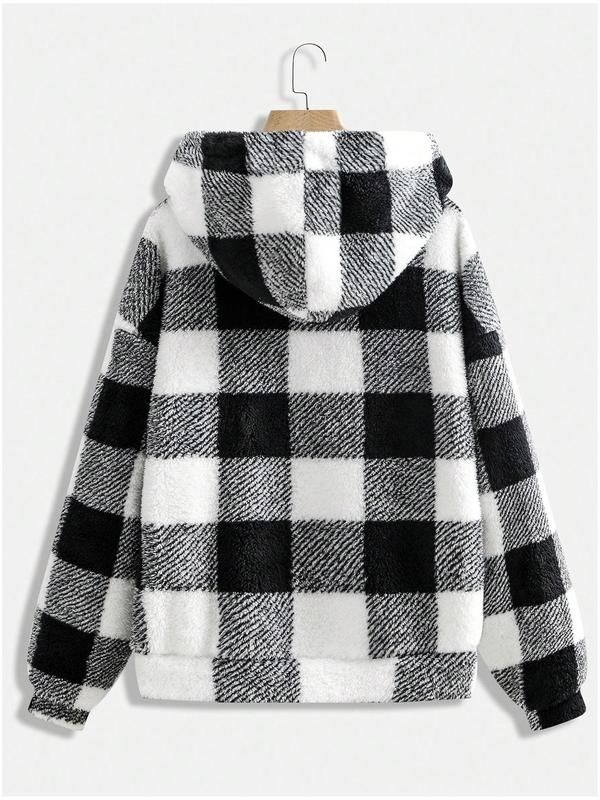  Plaid Print Pocket Zip Up Drawstring Hooded Jacket, Casual Long Sleeve Drop Shoulder Fuzzy Outerwear for Fall & Winter, Women's Clothes for Daily Wear