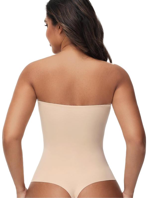 Women's Solid Backless Strapless Hook & Eye Closure Shapewear Bodysuit, High Stretch Tummy Control Shaper, Ladies Shapewear for Daily Wear